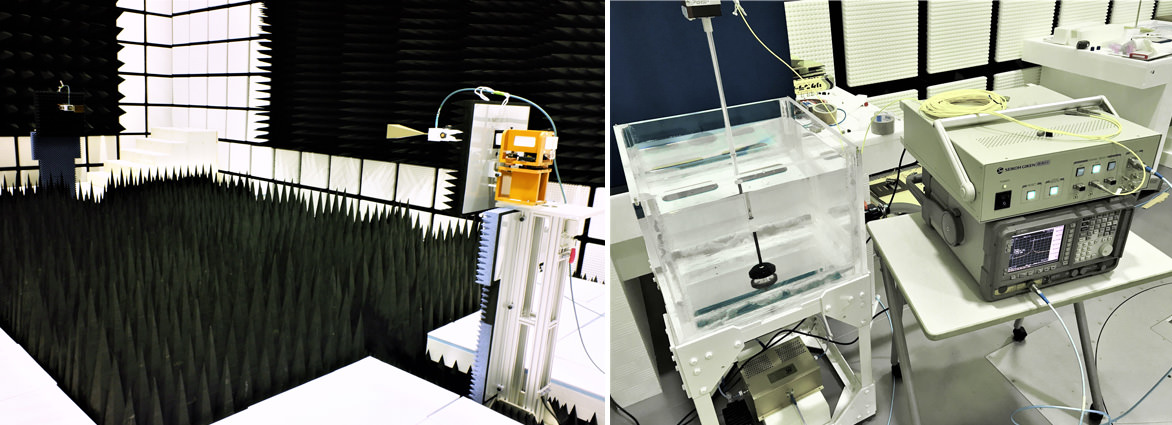 ミリ波帯アンテナの較正システム（左）、液剤中光電界プローブの較正システム（右） 図2. アンテナ及び電磁界プローブの較正システム