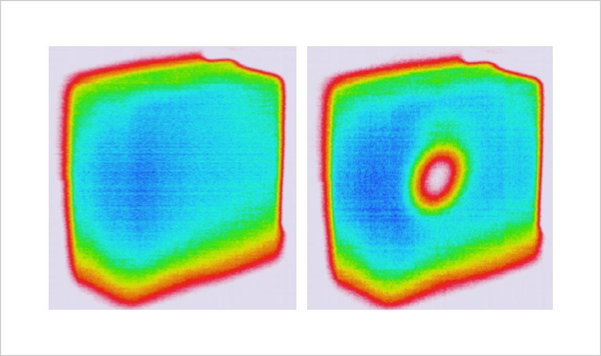 図6. 生体等価ファントムによる照射実験。120 GHz 電波照射(左図)と照射後 (右図)における温度分布。
