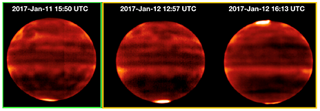すばる望遠鏡搭載の冷却中間赤外線撮像分光装置で観測された、木星のメタン発光強度分布