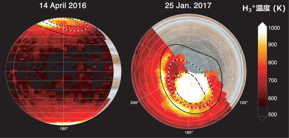 Keck望遠鏡の近赤外分光装置によるH3＋発光観測から得られた木星高層大気温度のコンター図
